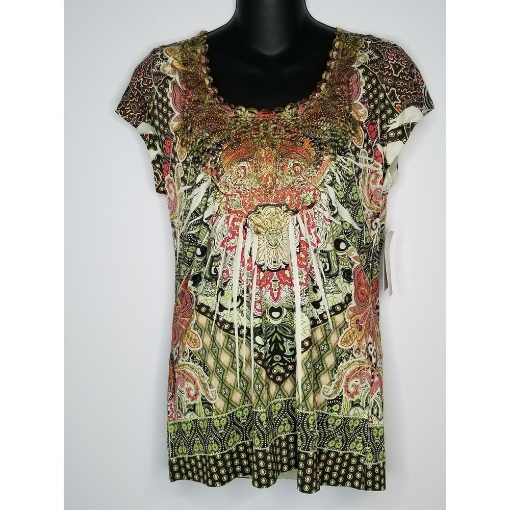 Energe World Wear Womens Embellished Green Shirt Top Small Vibrant NEW